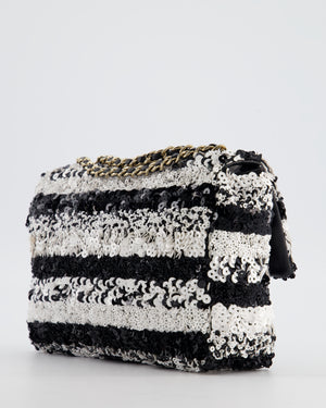 *HOT* Chanel Black and White Stripe Sequin Coco Mark Single Flap Bag with Champagne Gold Hardware