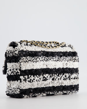 *HOT* Chanel Black and White Stripe Sequin Coco Mark Single Flap Bag with Champagne Gold Hardware