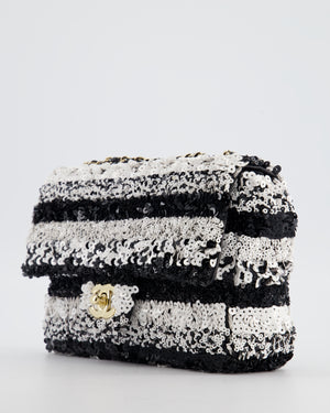 *HOT* Chanel Black and White Stripe Sequin Coco Mark Single Flap Bag with Champagne Gold Hardware
