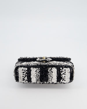 *HOT* Chanel Black and White Stripe Sequin Coco Mark Single Flap Bag with Champagne Gold Hardware