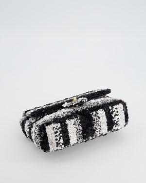 *HOT* Chanel Black and White Stripe Sequin Coco Mark Single Flap Bag with Champagne Gold Hardware