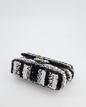 *HOT* Chanel Black and White Stripe Sequin Coco Mark Single Flap Bag with Champagne Gold Hardware