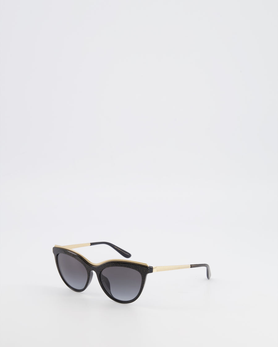Dolce & Gabbana Black Shimmery DG4335 Cat-Eye Sunglasses with Gold Top Rim and Arms Detail