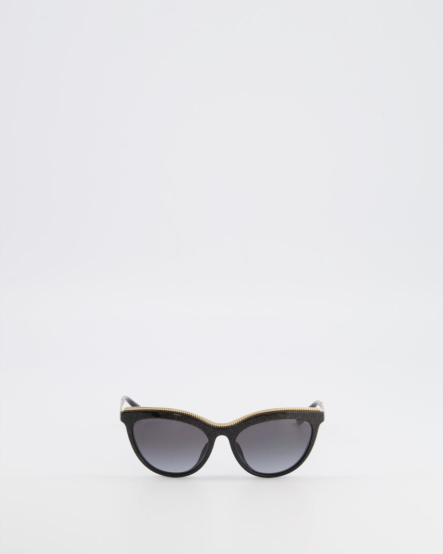 Dolce & Gabbana Black Shimmery DG4335 Cat-Eye Sunglasses with Gold Top Rim and Arms Detail