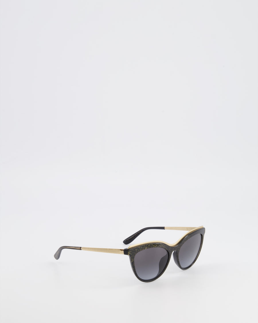 Dolce & Gabbana Black Shimmery DG4335 Cat-Eye Sunglasses with Gold Top Rim and Arms Detail