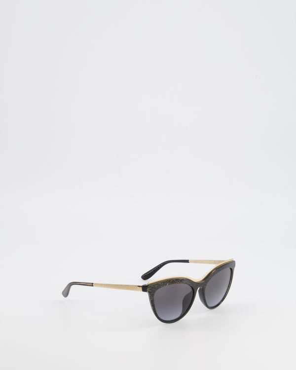Dolce & Gabbana Black Shimmery DG4335 Cat-Eye Sunglasses with Gold Top Rim and Arms Detail