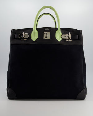 Hermès Haut à Courroies HAC 40 Bag in Noir Toile Canvas and Togo Leather with Vert Absinthe Handles, Blue Hydra Clochette, and Palladium Hardware