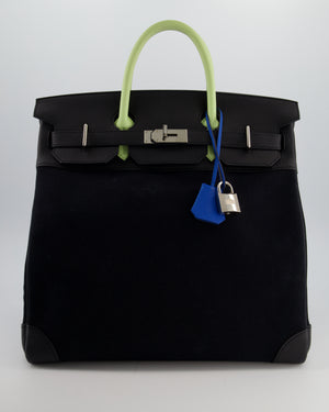Hermès Haut à Courroies HAC 40 Bag in Noir Toile Canvas and Togo Leather with Vert Absinthe Handles, Blue Hydra Clochette, and Palladium Hardware