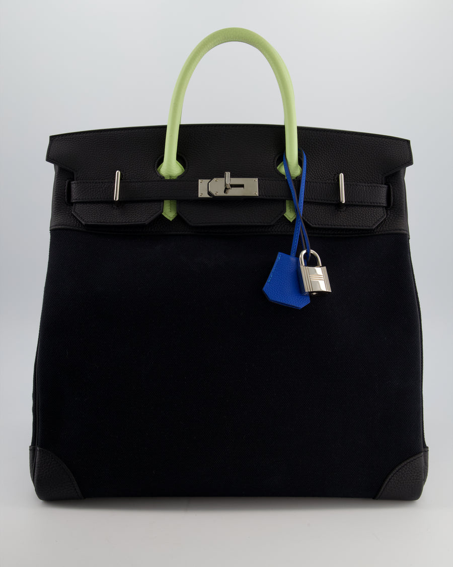 Hermès Haut à Courroies HAC 40 Bag in Noir Toile Canvas and Togo Leather with Vert Absinthe Handles, Blue Hydra Clochette, and Palladium Hardware