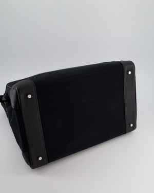 Hermès Haut à Courroies HAC 40 Bag in Noir Toile Canvas and Togo Leather with Vert Absinthe Handles, Blue Hydra Clochette, and Palladium Hardware