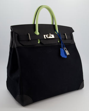 Hermès Haut à Courroies HAC 40 Bag in Noir Toile Canvas and Togo Leather with Vert Absinthe Handles, Blue Hydra Clochette, and Palladium Hardware
