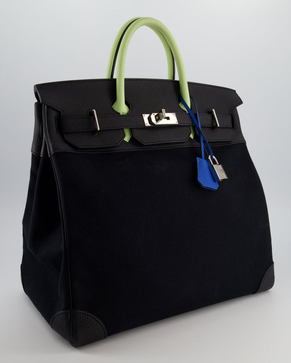 Hermès Haut à Courroies HAC 40 Bag in Noir Toile Canvas and Togo Leather with Vert Absinthe Handles, Blue Hydra Clochette, and Palladium Hardware