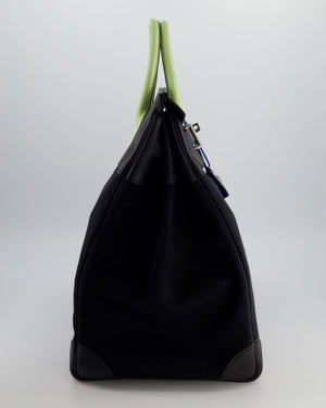 Hermès Haut à Courroies HAC 40 Bag in Noir Toile Canvas and Togo Leather with Vert Absinthe Handles, Blue Hydra Clochette, and Palladium Hardware