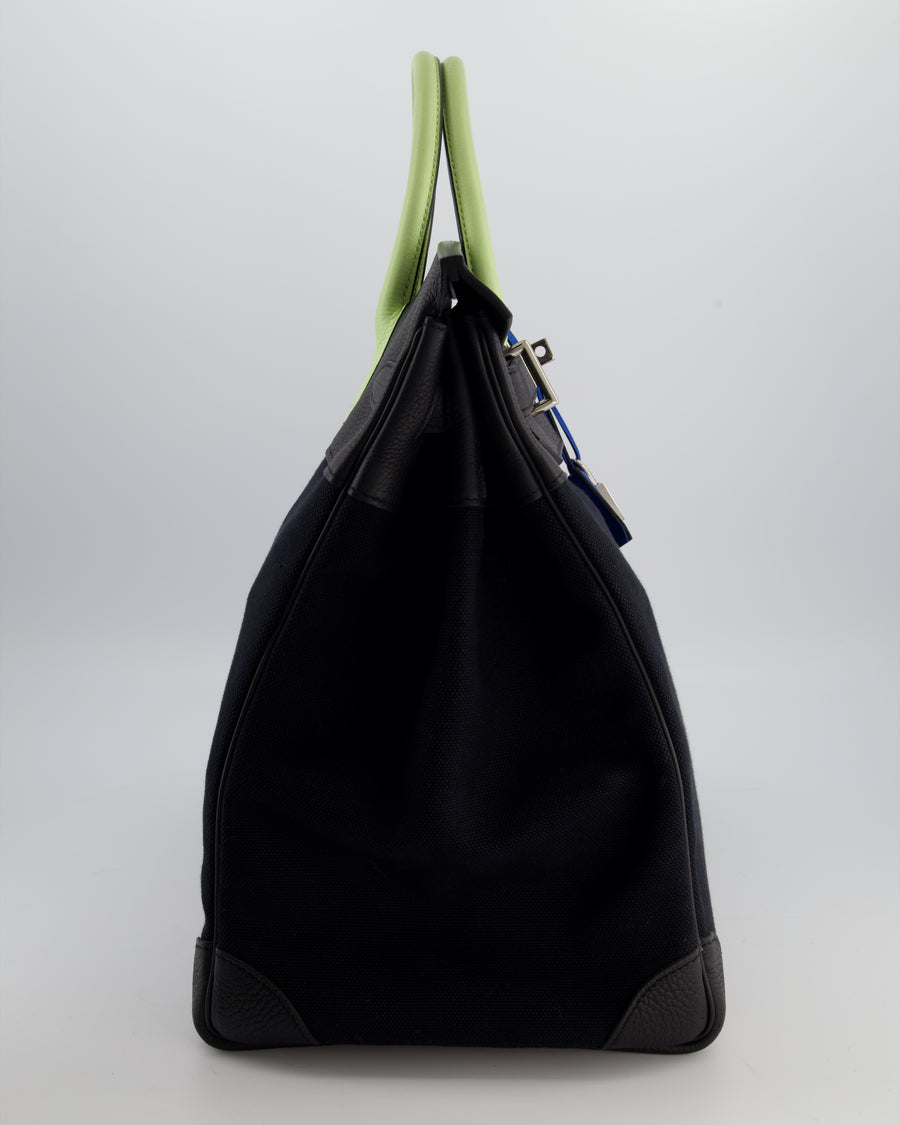 Hermès Haut à Courroies HAC 40 Bag in Noir Toile Canvas and Togo Leather with Vert Absinthe Handles, Blue Hydra Clochette, and Palladium Hardware