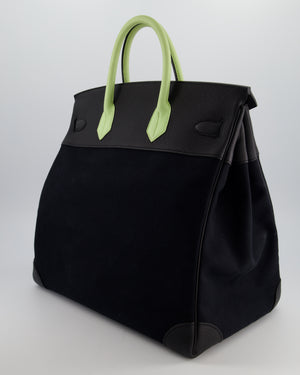 Hermès Haut à Courroies HAC 40 Bag in Noir Toile Canvas and Togo Leather with Vert Absinthe Handles, Blue Hydra Clochette, and Palladium Hardware