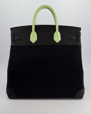 Hermès Haut à Courroies HAC 40 Bag in Noir Toile Canvas and Togo Leather with Vert Absinthe Handles, Blue Hydra Clochette, and Palladium Hardware
