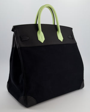 Hermès Haut à Courroies HAC 40 Bag in Noir Toile Canvas and Togo Leather with Vert Absinthe Handles, Blue Hydra Clochette, and Palladium Hardware