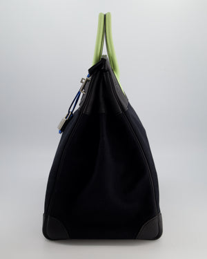 Hermès Haut à Courroies HAC 40 Bag in Noir Toile Canvas and Togo Leather with Vert Absinthe Handles, Blue Hydra Clochette, and Palladium Hardware