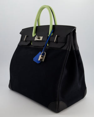 Hermès Haut à Courroies HAC 40 Bag in Noir Toile Canvas and Togo Leather with Vert Absinthe Handles, Blue Hydra Clochette, and Palladium Hardware