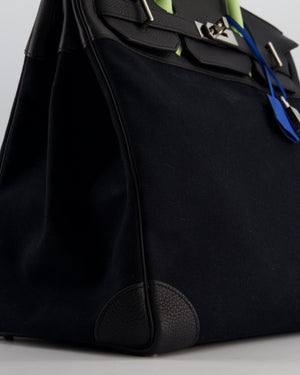 Hermès Haut à Courroies HAC 40 Bag in Noir Toile Canvas and Togo Leather with Vert Absinthe Handles, Blue Hydra Clochette, and Palladium Hardware