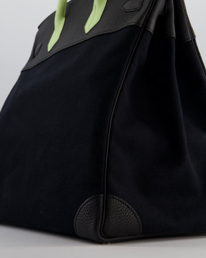 Hermès Haut à Courroies HAC 40 Bag in Noir Toile Canvas and Togo Leather with Vert Absinthe Handles, Blue Hydra Clochette, and Palladium Hardware