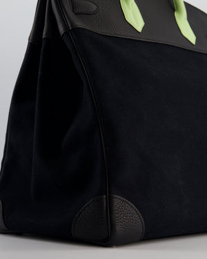 Hermès Haut à Courroies HAC 40 Bag in Noir Toile Canvas and Togo Leather with Vert Absinthe Handles, Blue Hydra Clochette, and Palladium Hardware
