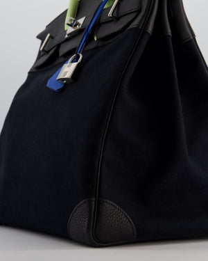 Hermès Haut à Courroies HAC 40 Bag in Noir Toile Canvas and Togo Leather with Vert Absinthe Handles, Blue Hydra Clochette, and Palladium Hardware