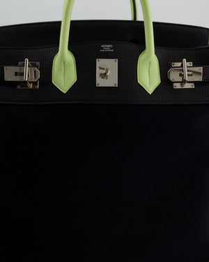 Hermès Haut à Courroies HAC 40 Bag in Noir Toile Canvas and Togo Leather with Vert Absinthe Handles, Blue Hydra Clochette, and Palladium Hardware