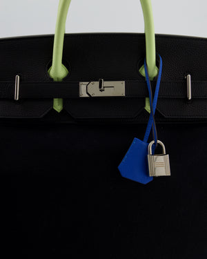 Hermès Haut à Courroies HAC 40 Bag in Noir Toile Canvas and Togo Leather with Vert Absinthe Handles, Blue Hydra Clochette, and Palladium Hardware
