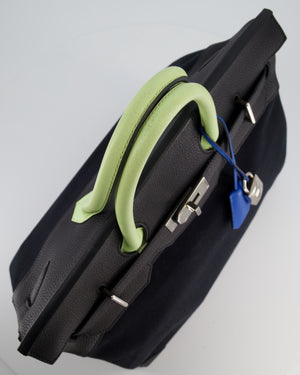 Hermès Haut à Courroies HAC 40 Bag in Noir Toile Canvas and Togo Leather with Vert Absinthe Handles, Blue Hydra Clochette, and Palladium Hardware