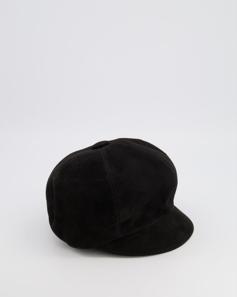 Christian Dior Black Suede Goatskin Paris Revolution Hat with Gold Logo Detail Size 57