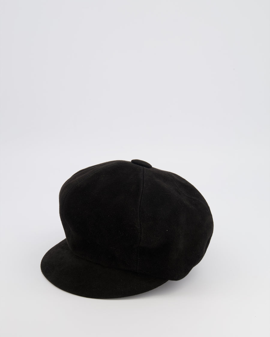 Christian Dior Black Suede Goatskin Paris Revolution Hat with Gold Logo Detail Size 57