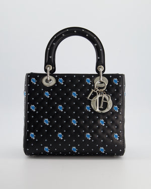 Christian Dior Medium Lady Dior Bag in Black Calfskin with Blue Floral Embroidery and Silver Hardware