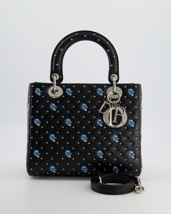 Christian Dior Medium Lady Dior Bag in Black Calfskin with Blue Floral Embroidery and Silver Hardware