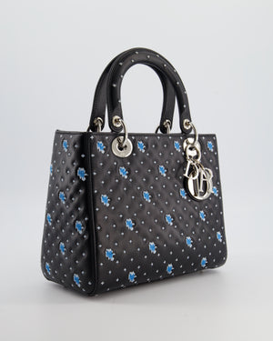 Christian Dior Medium Lady Dior Bag in Black Calfskin with Blue Floral Embroidery and Silver Hardware