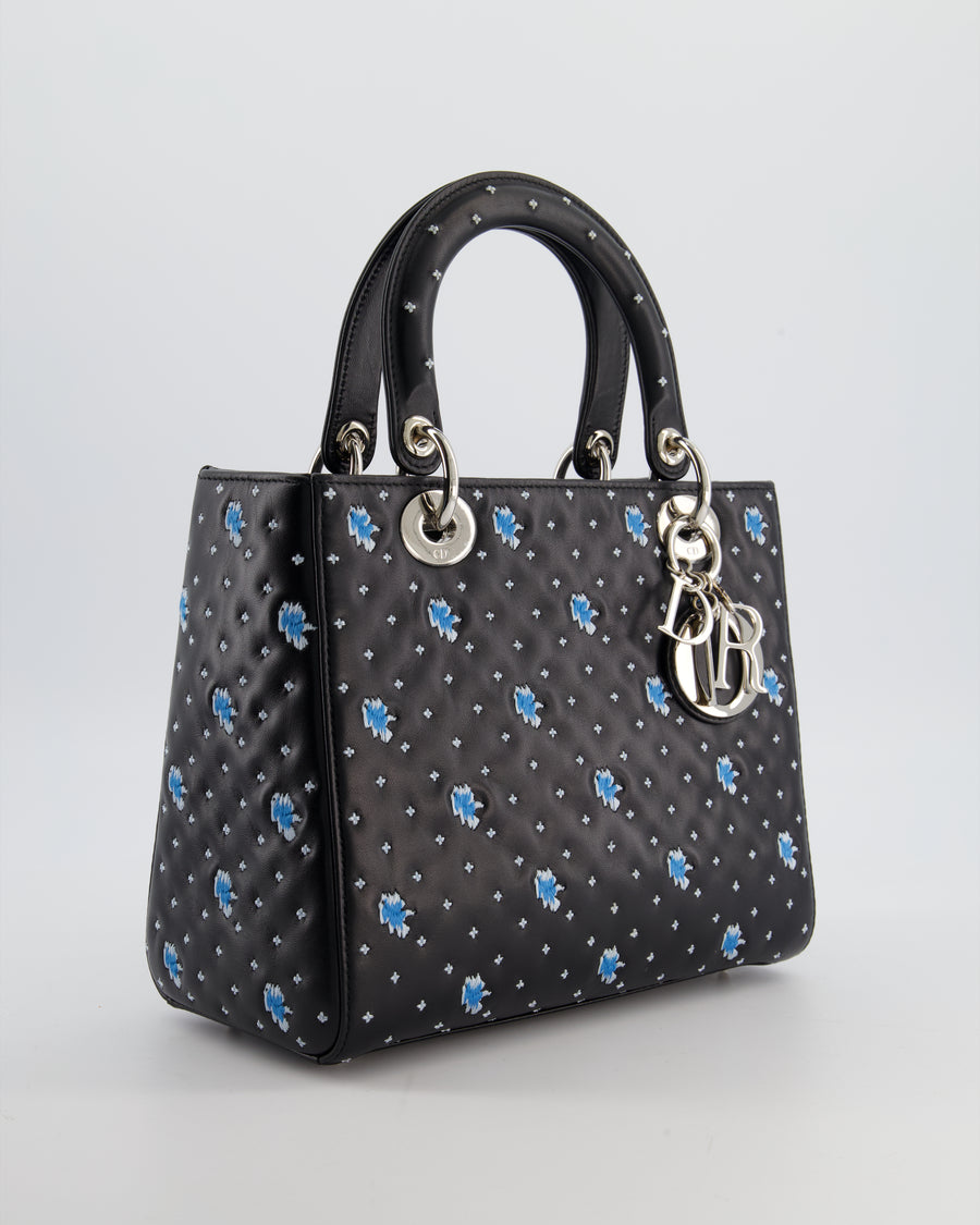 Christian Dior Medium Lady Dior Bag in Black Calfskin with Blue Floral Embroidery and Silver Hardware
