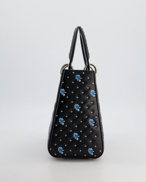 Christian Dior Medium Lady Dior Bag in Black Calfskin with Blue Floral Embroidery and Silver Hardware