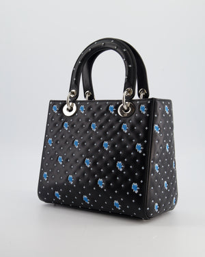 Christian Dior Medium Lady Dior Bag in Black Calfskin with Blue Floral Embroidery and Silver Hardware