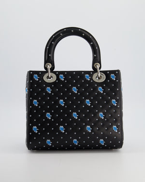 Christian Dior Medium Lady Dior Bag in Black Calfskin with Blue Floral Embroidery and Silver Hardware