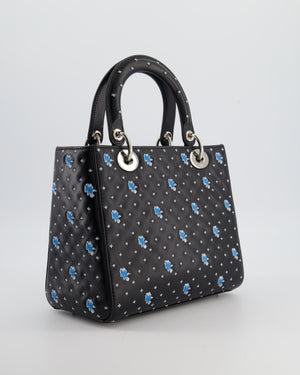 Christian Dior Medium Lady Dior Bag in Black Calfskin with Blue Floral Embroidery and Silver Hardware