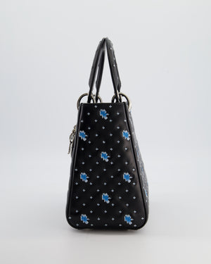 Christian Dior Medium Lady Dior Bag in Black Calfskin with Blue Floral Embroidery and Silver Hardware