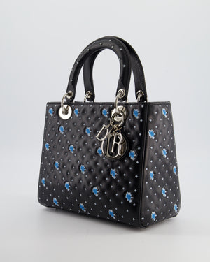 Christian Dior Medium Lady Dior Bag in Black Calfskin with Blue Floral Embroidery and Silver Hardware