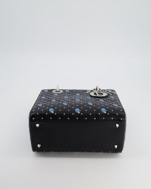 Christian Dior Medium Lady Dior Bag in Black Calfskin with Blue Floral Embroidery and Silver Hardware