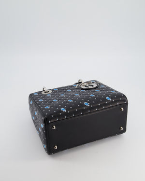 Christian Dior Medium Lady Dior Bag in Black Calfskin with Blue Floral Embroidery and Silver Hardware