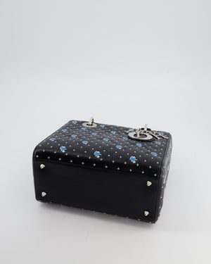 Christian Dior Medium Lady Dior Bag in Black Calfskin with Blue Floral Embroidery and Silver Hardware