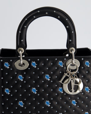 Christian Dior Medium Lady Dior Bag in Black Calfskin with Blue Floral Embroidery and Silver Hardware