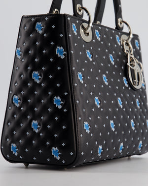 Christian Dior Medium Lady Dior Bag in Black Calfskin with Blue Floral Embroidery and Silver Hardware