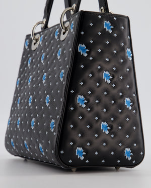 Christian Dior Medium Lady Dior Bag in Black Calfskin with Blue Floral Embroidery and Silver Hardware