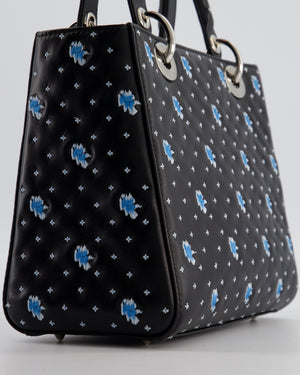 Christian Dior Medium Lady Dior Bag in Black Calfskin with Blue Floral Embroidery and Silver Hardware