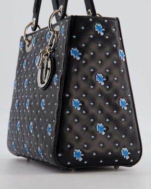 Christian Dior Medium Lady Dior Bag in Black Calfskin with Blue Floral Embroidery and Silver Hardware